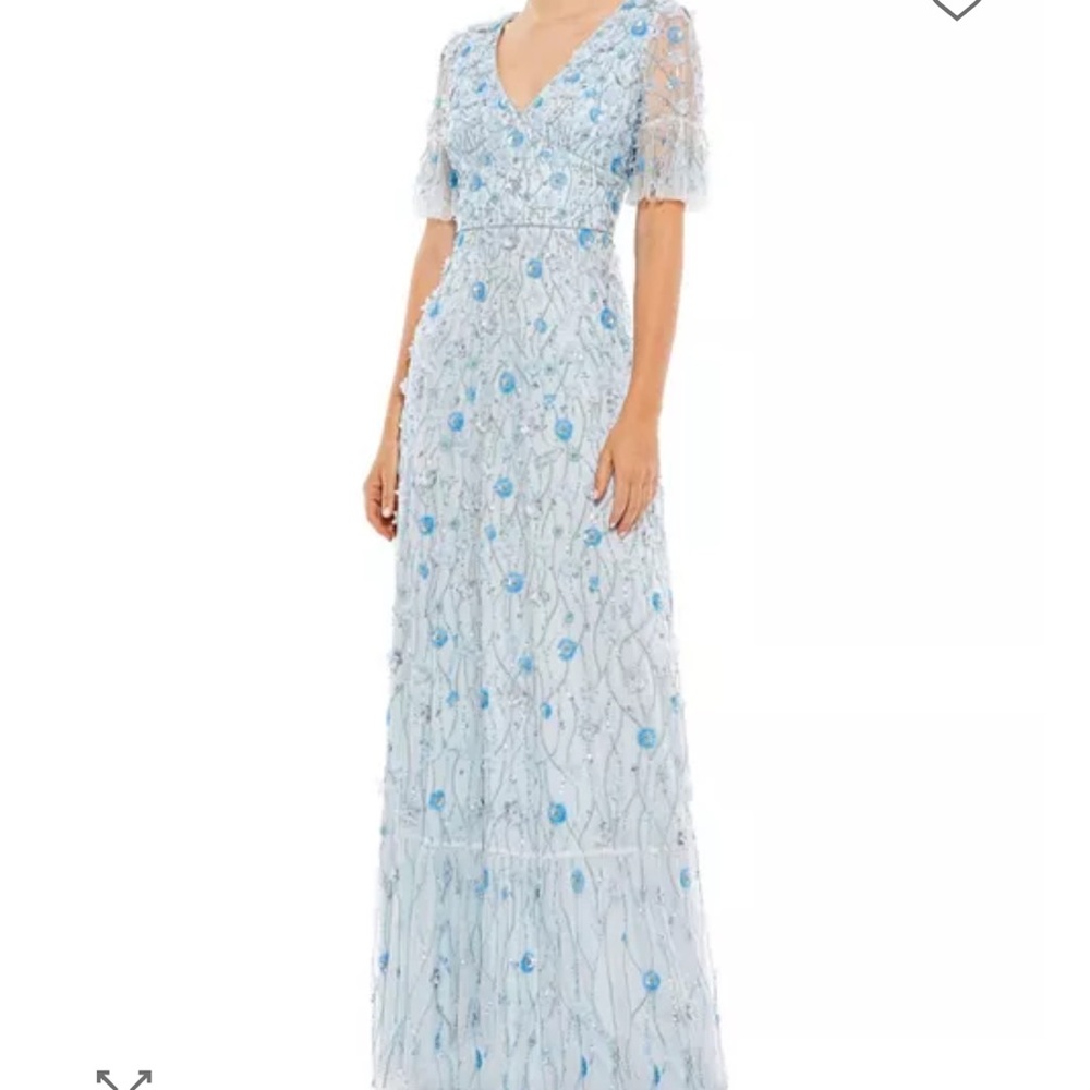 Embellished V Neck Empire Waist Ruffle Hem Gown